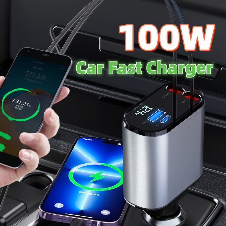 100W Metal Car Charger – Ultra Fast Charging with USB & TYPE-C Adapter