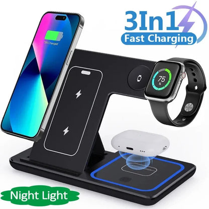 "15W 3 In 1 LED Wireless Charger Stand – Charging Station for iPhone, iWatch, and AirPods"